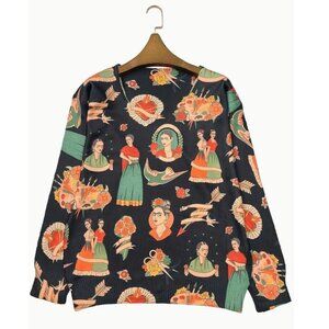 NWT Freida Kahlo Design Lightweight Black V-Neck Sweater Size Large